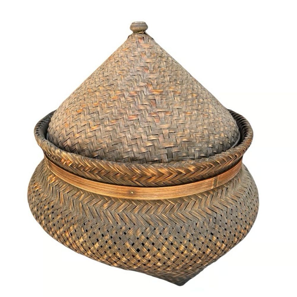 Vintage 1950s‎ Asian Woven Rattan Basket W/Lid